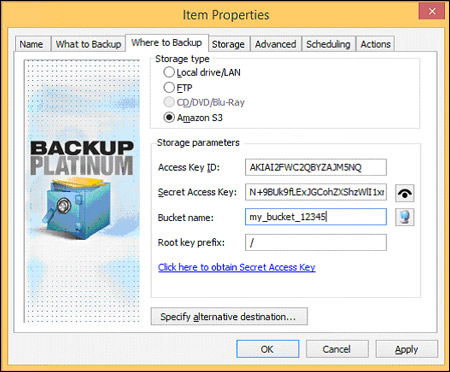 Backup Platinum Amazon S3 Settings